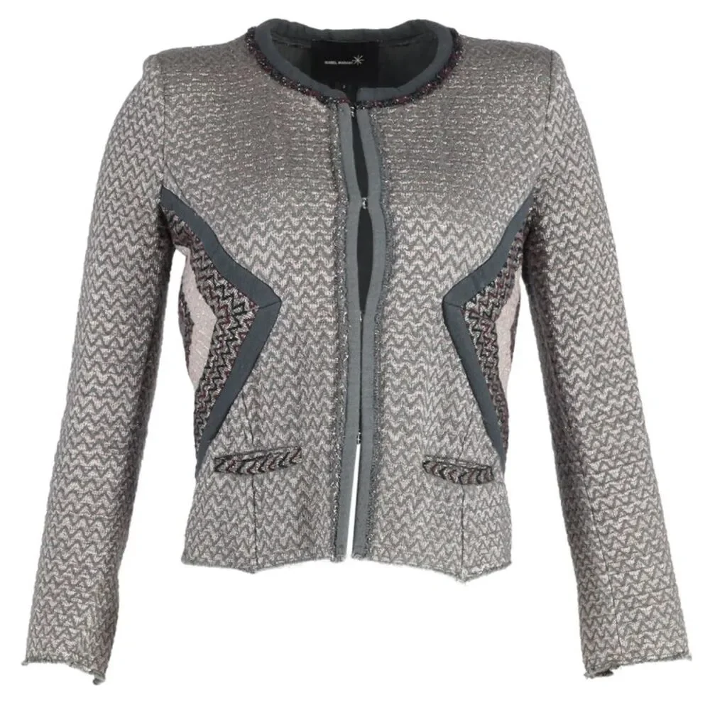 Isabel Marant Peru Tweed Jacket in Zigzag Pattern Grey Cotton